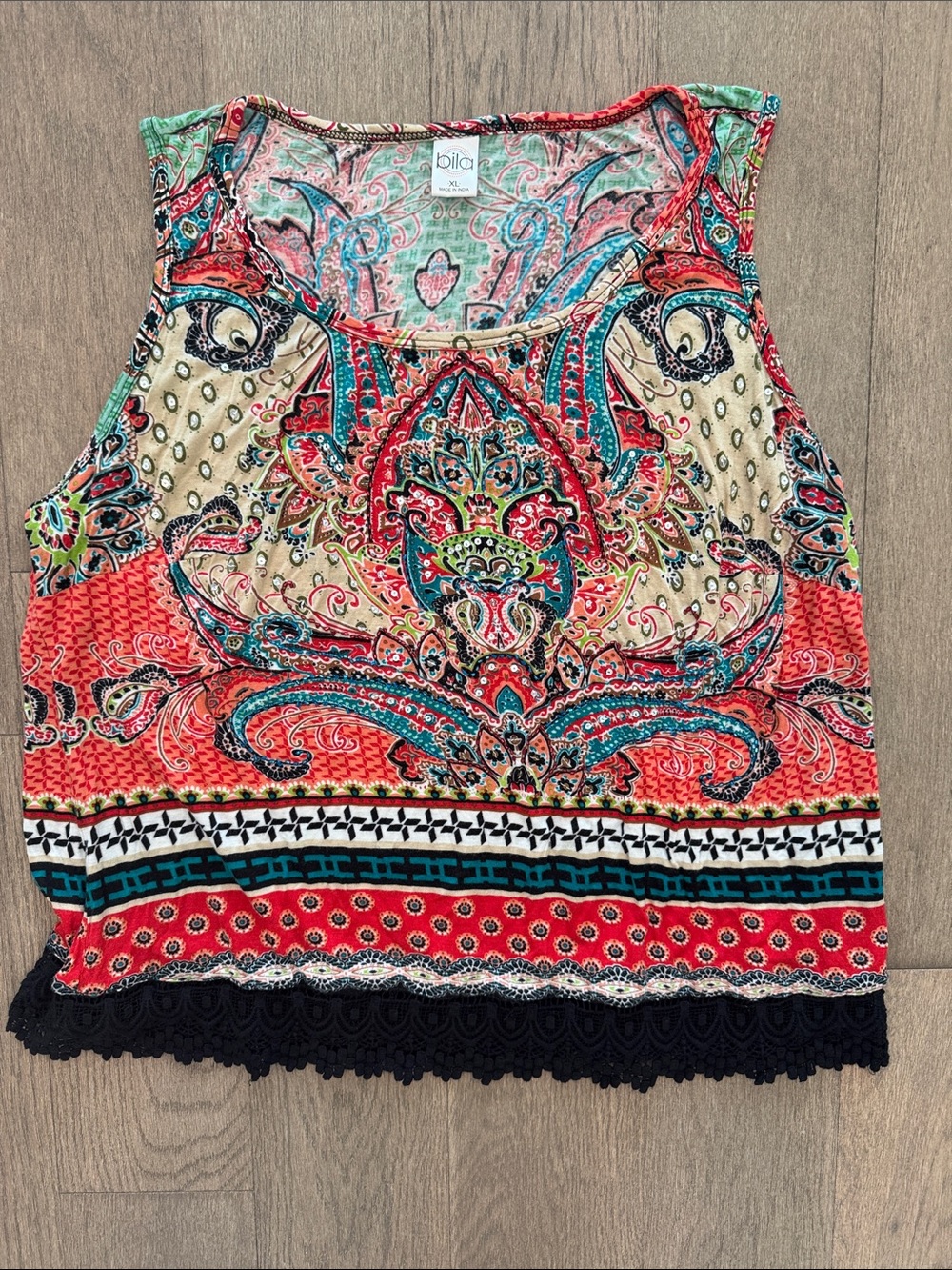 Bila Bohemian Bright Vibrant Embellished Tank Top Women’s XL Lace Hem Summer